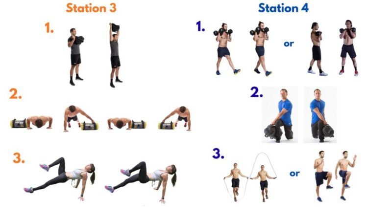 Barbell deadlifts, sandbag lifts, crawls, carries, tempo push-ups, and a descending slam-and-burpee ladder targeting foundational strength and work capacity.