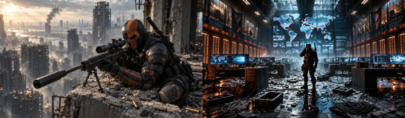 Deathstroke, DC Comics master assassin, shown in a split mission scene: on the left, positioned on a rooftop with a sniper rifle overlooking a war-torn city of bombed-out buildings; on the right, inside an underground complex after neutralising all hostile resistance.