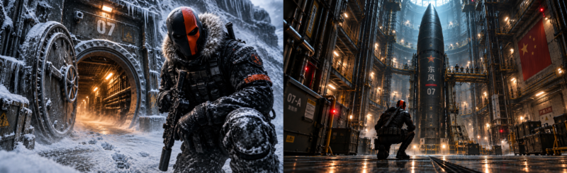Deathstroke, DC Comics master assassin, shown in a split mission scene in a freezing Himalayan mountain setting: entering a Chinese ICBM missile silo on the left, and confronting the missile deep inside the launch chamber on the right.