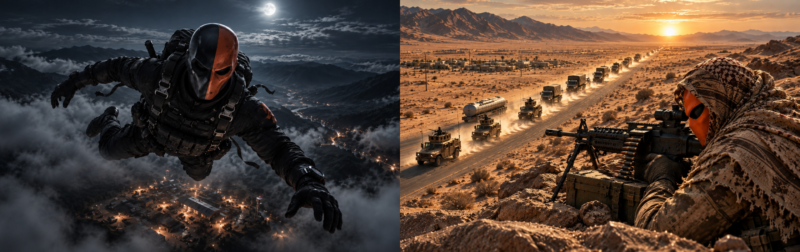 Deathstroke, DC Comics master assassin, shown in a split mission scene: infiltrating by HALO jump at night on the left, and preparing to ambush a desert convoy with a heavy machine gun on the right.