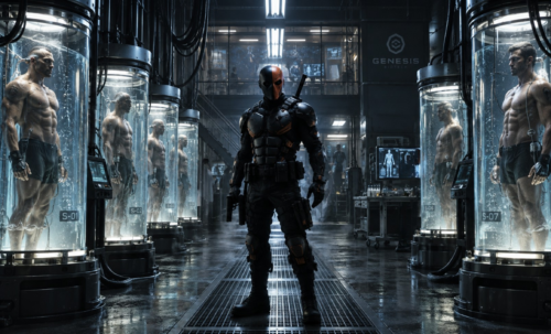 Deathstroke, DC Comics master assassin, inside a covert super-soldier laboratory, discovering rows of containment vats filled with experimental enhanced subjects.