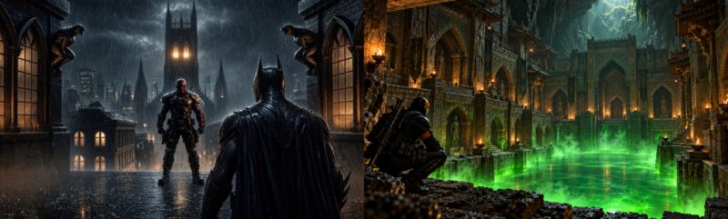 Deathstroke, DC Comics master assassin, shown in a split mission scene: confronting Batman in the rain atop a building overlooking Gotham on the left, and infiltrating one of Ra’s al Ghul’s Lazarus Pits on the right.