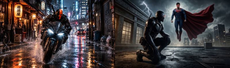 Deathstroke, DC Comics master assassin, shown in a split mission scene: racing through downtown Tokyo against the clock on the left, and facing a rooftop confrontation with the Man of Steel on the right.