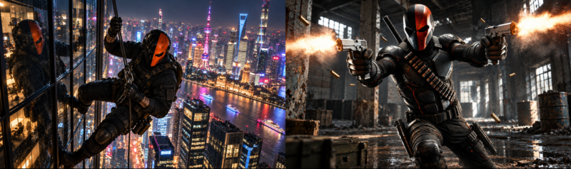 Deathstroke, DC Comics master assassin, shown in a two-panel mission scene: infiltrating corporate offices in Shanghai at night on the left, and storming an Eastern European warehouse in a blazing firefight on the right.