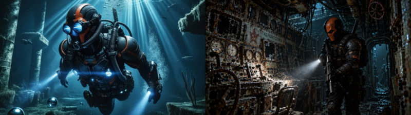 Deathstroke, DC Comics master assassin, shown in a split mission scene: searching underwater wreckage in scuba gear on the left, and infiltrating an antiquated sunken Soviet submarine on the seabed on the right.