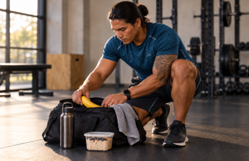 Native American-looking male athlete kneeling in a gym while packing a gym bag with a banana, water bottle and prepared oats container before training.
