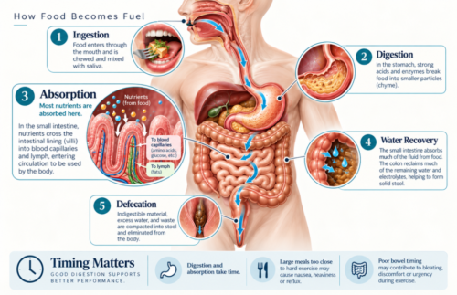 Educational anatomy infographic illustrating the five stages of the digestive journey: ingestion, digestion, nutrient absorption through intestinal villi, water recovery and defecation, with explanations of how digestive timing affects exercise.