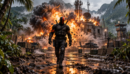 Deathstroke, DC Comics master assassin, walking away from a South American compound as it explodes behind him.