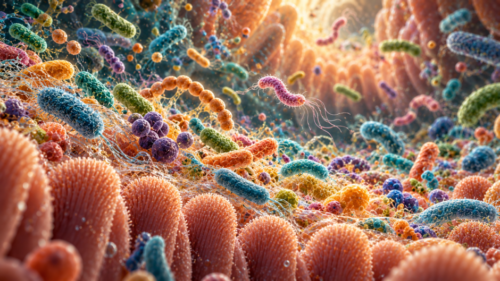 Detailed microscopic illustration showing diverse gut bacteria, including rod-shaped and spherical microorganisms, within a colourful intestinal environment.