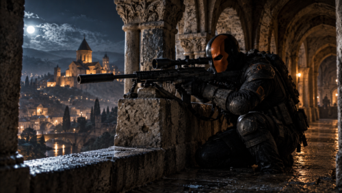 Deathstroke, DC Comics master assassin, positioned on a rooftop overlooking a monastery in Tbilisi, Georgia, preparing to take a precise long-range shot.