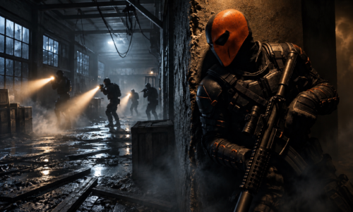 Deathstroke, DC Comics master assassin, concealed inside a hostile complex as a team of mercenaries hunts for him, moments before he launches an ambush.