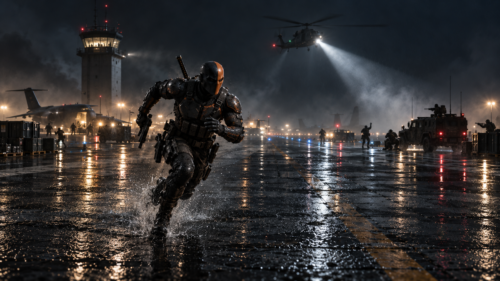 Deathstroke, DC Comics master assassin, evading capture at night as armed search teams and a helicopter sweep the area looking for him.