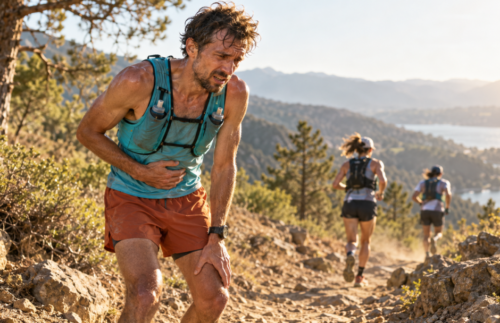 Exhausted male trail runner in a turquoise vest and orange shorts clutching his abdomen on a rocky mountain path as two competitors continue running behind him.