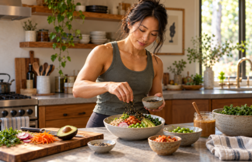 Athletic Japanese-American woman preparing a nutritious rice bowl with vegetables, edamame, avocado and seaweed in a sunlit home kitchen, with kimchi and other ingredients nearby.