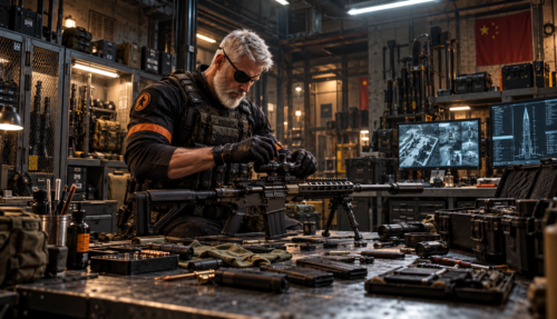 Slade Wilson, unmasked as Deathstroke, preparing for a mission inside his hideout while loading weapons, checking equipment, and organising his tactical gear.