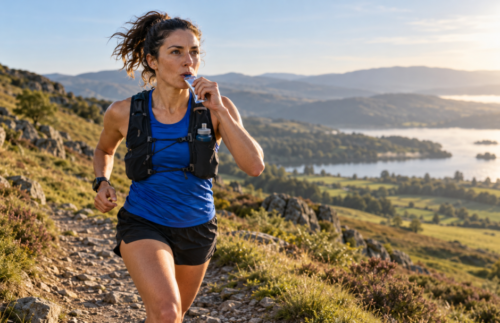 Female trail runner wearing a blue training top and hydration vest consumes an energy gel while running through scenic hills overlooking a lake.