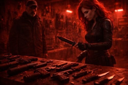 Black Widow selecting hand-to-hand weapons, representing rotational power and tactical combat skills in Directive III.
