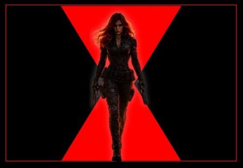 Black Widow workout inspired by Natasha Romanoff showing the assassin walking with the Black Widow symbol behind her.