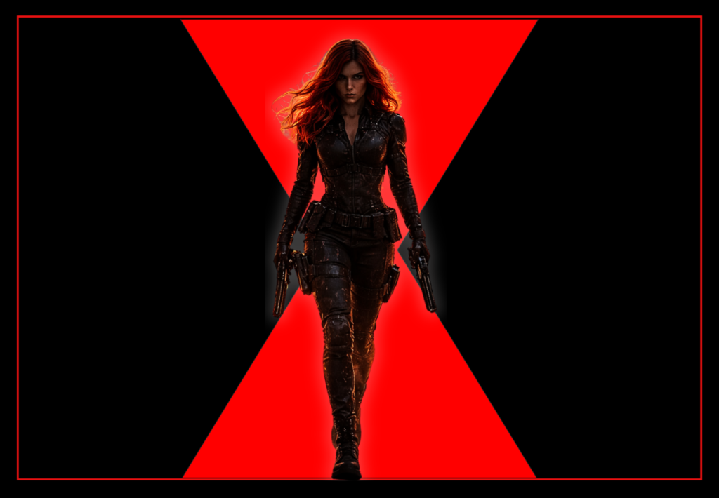 Black Widow workout inspired by Natasha Romanoff showing the assassin walking with the Black Widow symbol behind her.