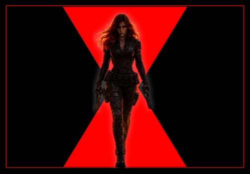 Black Widow workout inspired by Natasha Romanoff showing the assassin walking with the Black Widow symbol behind her.