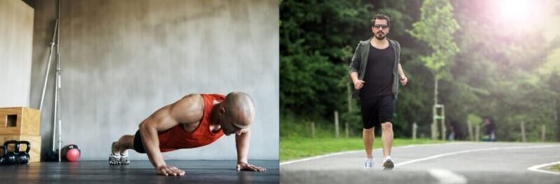 Two men training with push ups and jogging showing simple sustainable fitness routines and consistent effort