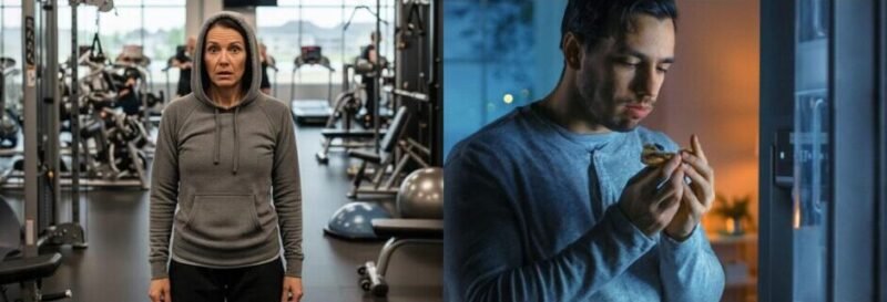 Woman hesitating to enter gym due to intimidation and man comfort eating showing emotional triggers affecting fitness consistency