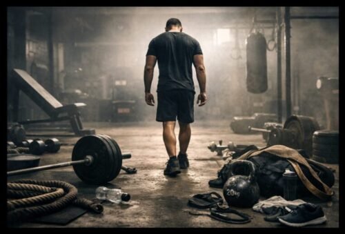 Athlete walking away from empty gym surrounded by discarded equipment showing failed training attempt and lack of structure