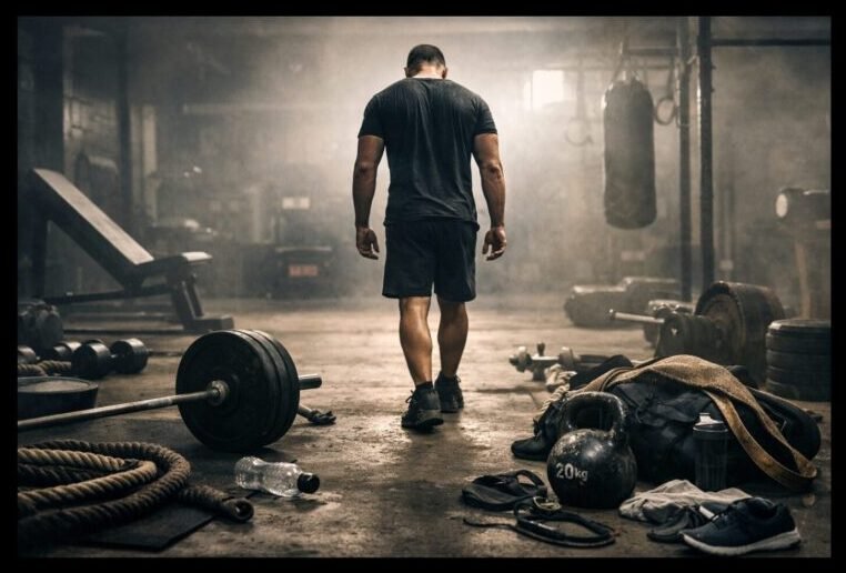 Athlete walking away from empty gym surrounded by discarded equipment showing failed training attempt and lack of structure
