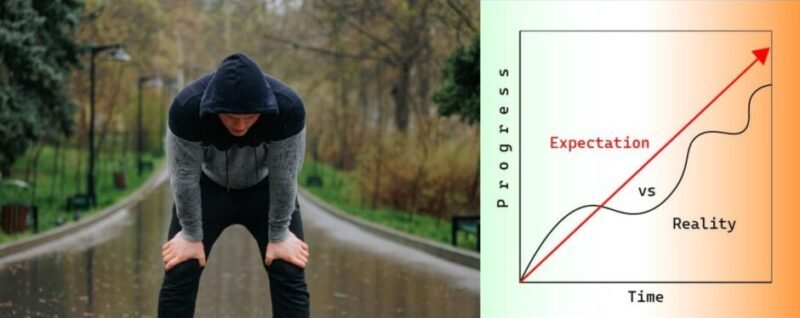 Exhausted runner struggling early with expectation vs reality fitness chart comparison