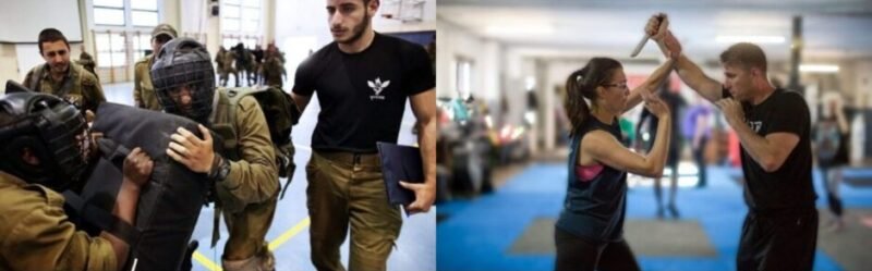 Split image showing Krav Maga being practised in both military and civilian training environments.