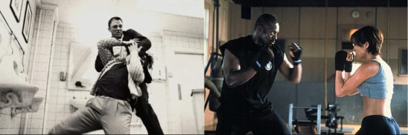 Action scenes from modern films showing close-quarters combat influenced by realistic and direct fighting styles associated with Krav Maga.