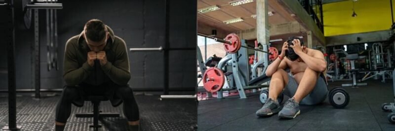 Two men in gym looking frustrated and overwhelmed, unsure what to do, showing lack of training direction and knowledge