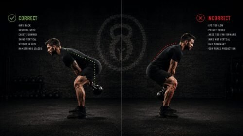 Comparison image demonstrating proper kettlebell hinge mechanics beside incorrect squatting swing posture.