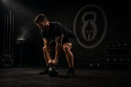 Athlete performing a technically correct hardstyle kettlebell swing in a dark gym environment.
