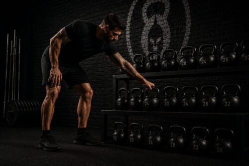 Athlete selecting an appropriate kettlebell weight from a gym rack before training.