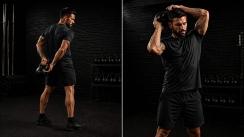 Split image showing kettlebell halo and around-the-world warm-up exercises in a dark training environment.