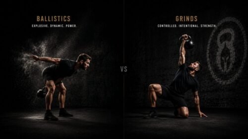 Split image showing a kettlebell snatch hinge position beside a Turkish Get-Up to demonstrate ballistic versus grind training styles.