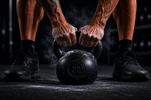 Close-up of chalk-covered hands gripping a kettlebell before training begins in a dark industrial gym.