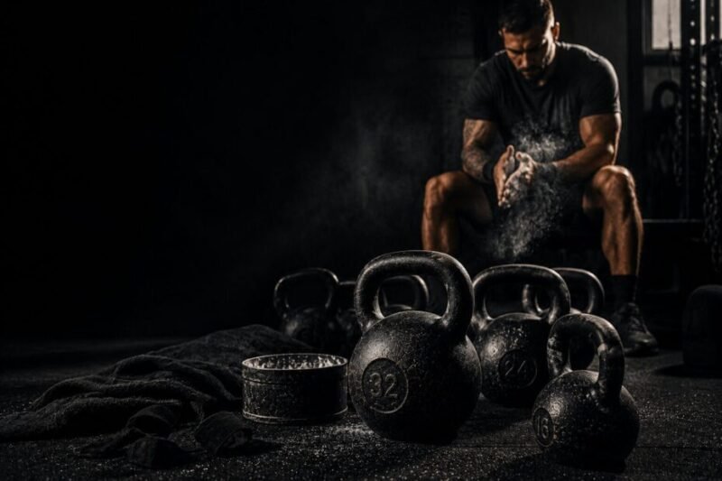 Athlete preparing for kettlebell training in a dark industrial gym surrounded by kettlebells, chalk, and training equipment.