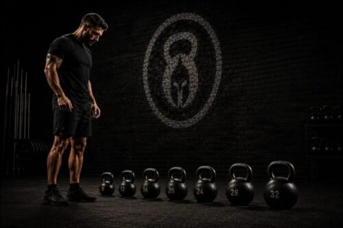Athlete preparing to progress kettlebell weight with disciplined focus in a dark gym setting.