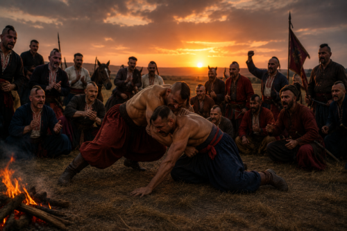 Two Cossack wrestlers grappling beside an evening campfire on the Eastern European steppes, reflecting the region's traditions of wrestling, toughness, and martial skill.