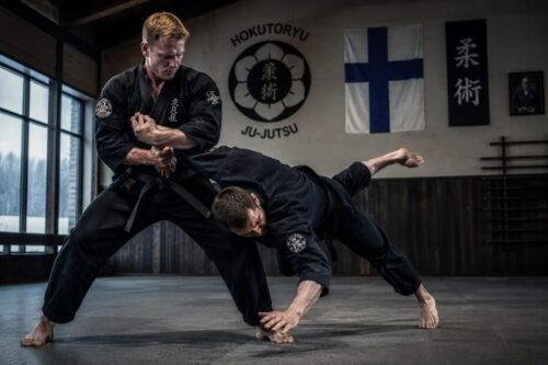 Two Hokutoryu Ju-Jutsu practitioners demonstrating techniques, representing Northern Europe's blend of traditional martial heritage and modern combat systems.