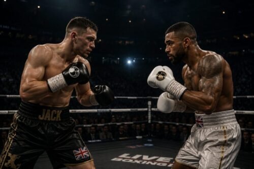 Two professional boxers square off beneath arena lights in a modern championship ring, showcasing the speed, skill, and athleticism of contemporary boxing.
