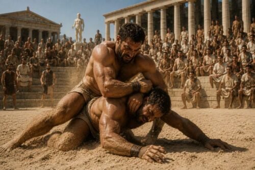 Two ancient Greek pankratiasts grapple in a sunlit arena surrounded by spectators, marble temples, and classical architecture during a brutal contest of strength and skill.