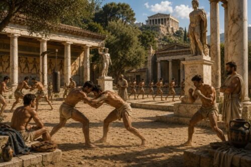 Athletes train in an ancient Greek palaestra, practising wrestling, boxing, and athletics beneath marble columns and statues in the Mediterranean sunshine.