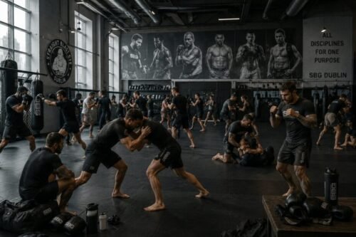 Athletes train inside a modern European MMA gym, practising striking, wrestling, grappling, and conditioning in a contemporary combat sports environment.