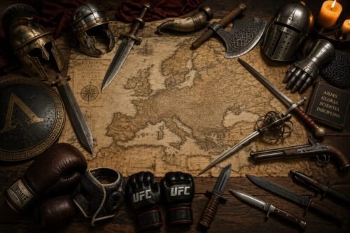 An antique map of Europe surrounded by historical weapons, helmets, and martial artefacts from different eras of European history.