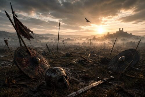 An abandoned battlefield at dawn scattered with broken spears, shields, swords, and discarded helmets, symbolising centuries of European warfare and martial development.