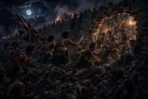 British soldiers and Highlanders storming a breached fortress wall during the Peninsular War under the cover of darkness.