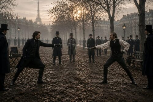 Two European gentlemen facing one another with swords during a formal duel in an eighteenth-century city square.